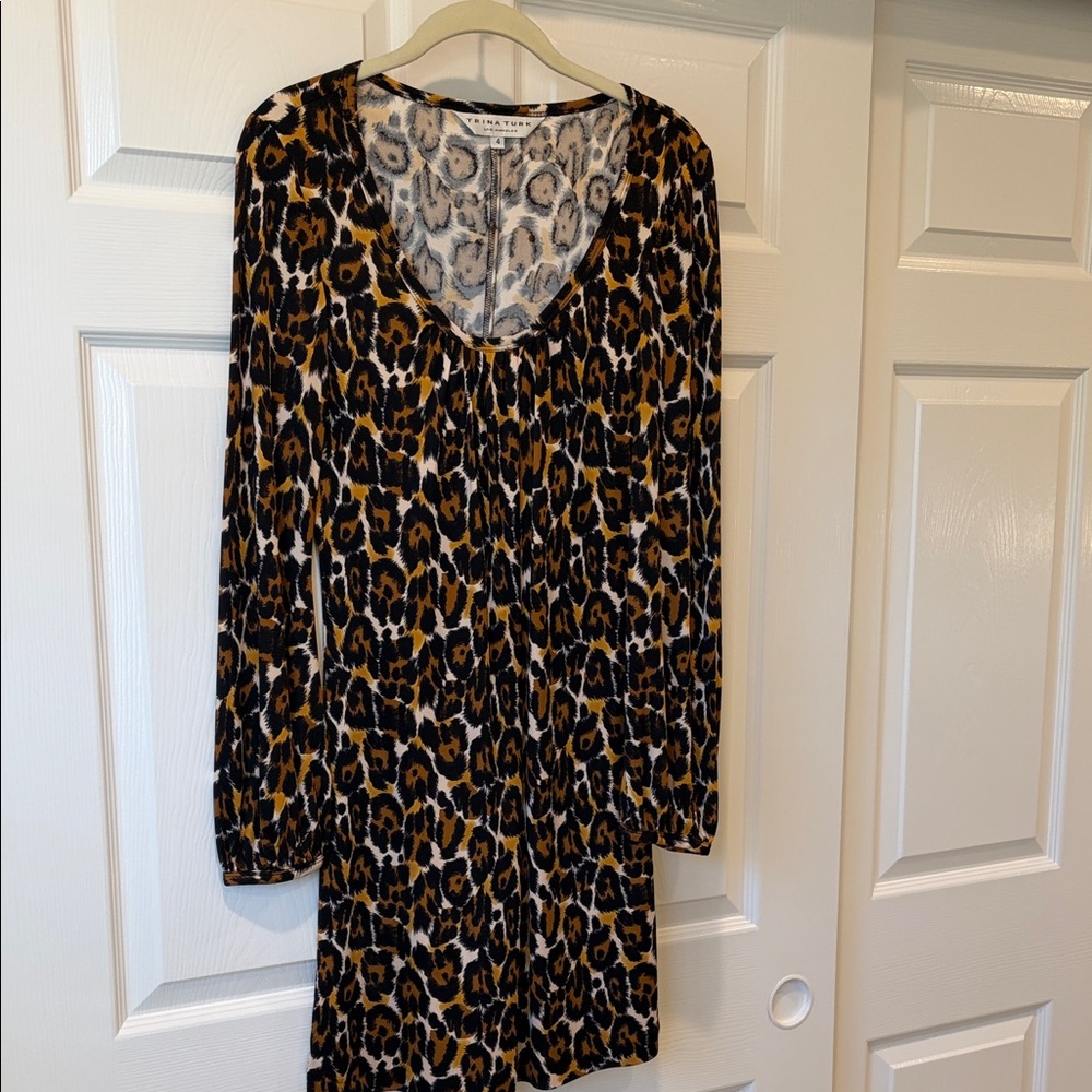 Trina Turk Black and Brown Animal Print Long Sleeve Dress